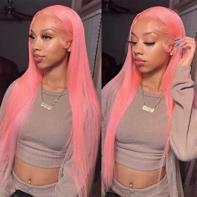 Long Straight Pink Lace Front Wigs Synthetic High Temperature Wig Beauty Natural • $36.09