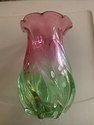 Vintage Hand-Blown Teleflora Watermelon Pink Green Swirl Scallop Glass Vase EUC • $10.70