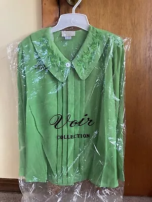 Vintage Voir Sheer Lime Green Embroidered Pleated Blouse Shoulder Pads Women NOS • $36.90