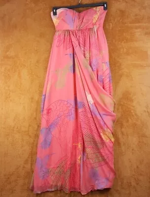 TIBI Womens Dress Size 6 Pink Maxi Gown Strapless Draped Bird 100% Silk • $69.88