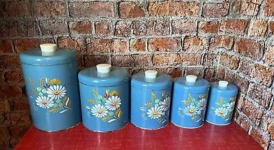 1950s/60’s Blue Ransburg  Canisters Set/5 Vintage Metal Kitchen Daisies • $95