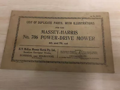 Massey-Harris No.706 Power Drive Mower List Duplicate Parts With Illustrations • $35