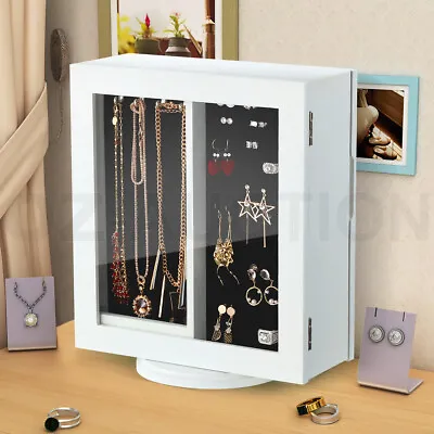 360 Degree Rotating Jewellery Cabinet Organiser Mirror Jewelry Cabinet Box White • $69.95