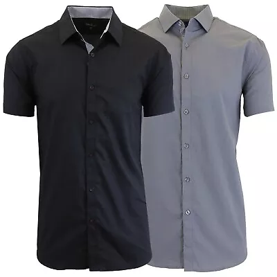 Mens Short Sleeve Dress Button Down Causal Shirt Fancy Solid Slim Fit 2 PACK NEW • $24.97