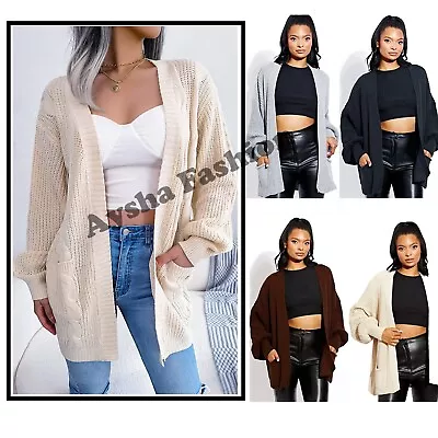 £13.99 • Buy Women's Ladies Chunky Knitted Cable Oversized Balloon Sleeve Jumper Cardigan 