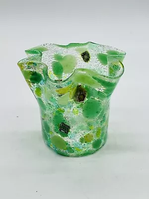 Millefiori Green Glass Vase Hand Blown Ruffle • $24