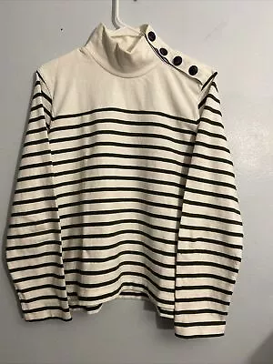 J. Crew Nautical Striped Turtleneck Bottons-Shoulder White Army Green Size M Top • $24