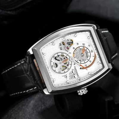 Luxury Square Dial Leather Strap Skeleton Design Mechanical Casual Wrist Watch • £29.39