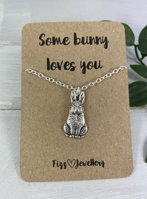 £3.99 • Buy Some Bunny Loves You Sitting Rabbit Silver Plated Necklace Message Card Gift
