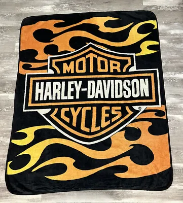 $39.99 • Buy Harley Davidson Fleece Blanket Logo Wings Flames Black Orange 60 X 49 Motorcycle