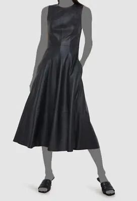 $1697 Vince Womens Black Leather Sleeveless Jewel Neck Midi A-line Dress Size 10 • $542.78