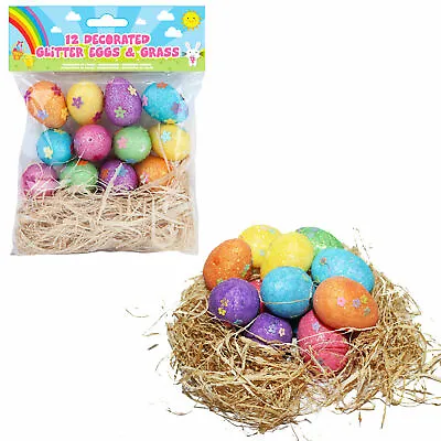 12 Foam Glitter Eggs & Straw Grass Nest Bonnet Decorations Easter Hunt Games • £3.99