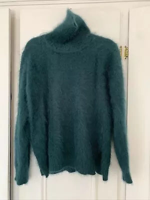 Fluffy Angora Turtle Neck Sweater XS S Bottle British Green Split Hem AU 6 8 10 • $180