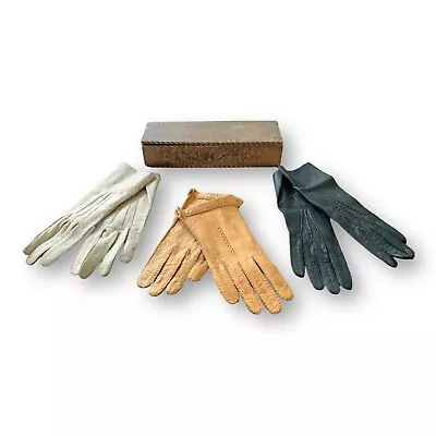 Vintage Pig Skin LEATHER Ladies Glove Lot W/ Acorn/Oak Glove Box Small • $40