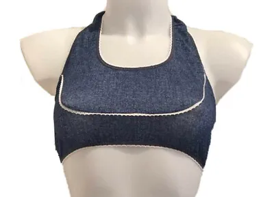 Denim Blue Stretch Bra Crop Top 12 - 14 Halter Neck Soft Material Ladies Womens • £6.99