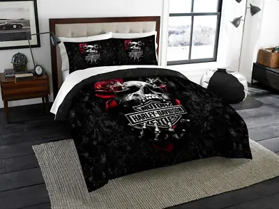 Harley-Davidson With Motorcycles Logo And Skull Flowers Duvet Cover Set (4pcs) • $69.99