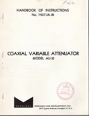 Original Merrimac Variable Attenuator Model AU-10 Instruction Handbook • $14.99