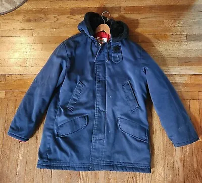 Vtg 80s Dickies Hooded Coat Navy Blue Zip Button Distressed Sz L Parka  • $30