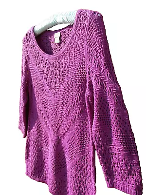 Chicos Mixed Open Knit Pullover Sweater Size 0 Small Purple 3/4 Sleeve • $9.75
