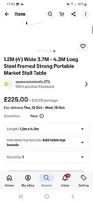 1.2M (4') Wide 4.3M Long Steel Framed Strong Portable Market Stall Table  • £169.99