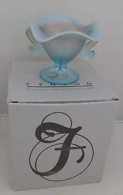 Vintage Fenton Glass Vase Koi Fish Handles Compote Vase Aqua Opal Blue W/Box • $54