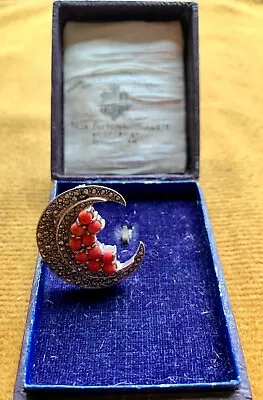 £27.99 • Buy Vintage Silver Coral & Marcasite Brooch Crescent Moon Design