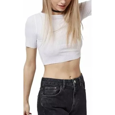 £18.04 • Buy Topshop NWT Viscose Blend White Ribbed Crop Tee With Raw Hem US Size 10