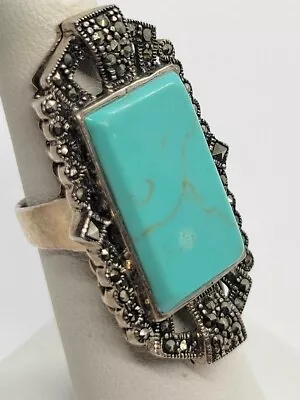 Vintage Art Deco Sterling Silver & Turquoise Marcasite  Ring Sz 5.5 • $45