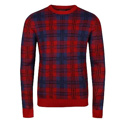 New Mens Jumper Check Long Sleeve Regular Fit Designer Tartan Style Casual Top • £11.99