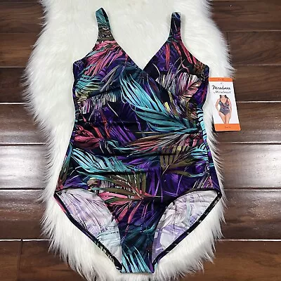 Miradonna Miraclesuit Size 16 Bahama Palms Shaping V Neck One Piece Swimsuit • $49.95