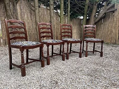 Vintage Oak Fabric Drop Seat Ladder Back 4 X Dining Chairs Country Farmhouse • £120