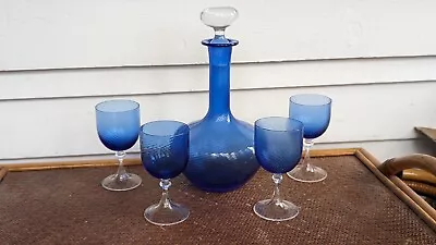 Vintage Murano Blue Swirl Decanter Set With 4 Glasses • $154