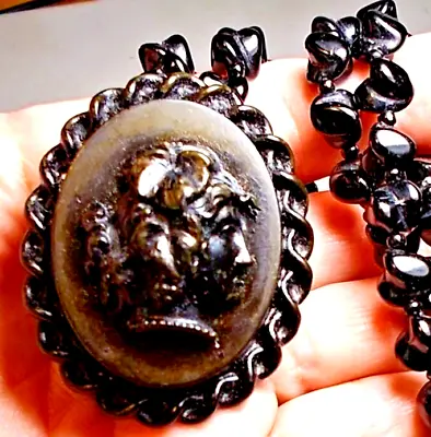 Black Mourning Vulcanite BACCHANTE Cameo Curly Tendrils W/ Grapes 1900 Necklace • $229.90