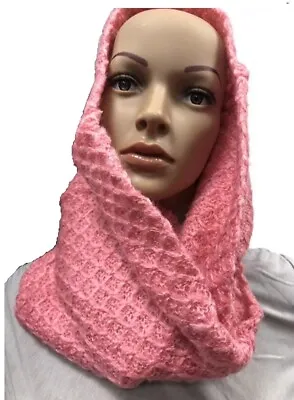 Ladies Scarf Knitted Collar Cowl Snood Tube Hood Neck Warmer Soft Pink Waffle • £6.55