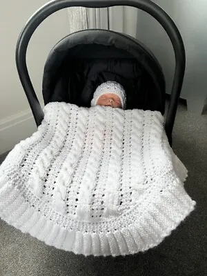 Hand Made Knitted Baby Car Seat Blanket White With Frill Warm And Soft   • £12.99