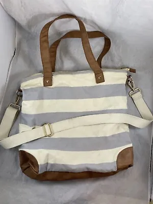 Merona Cream Gray Striped Tote Overnight Bag Shoulder Strap 15”x14”x3” • $20