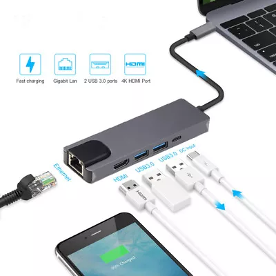 Type C To HDMI 4K TV Gigabit Ethernet RJ45 Cable Adapter USB 3.0 HUB For Macbook • $24.63