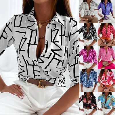 £9.99 • Buy NEW Ladies Office Button Up T Shirt Casual Print Long Sleeve Work Tops Slim Tee