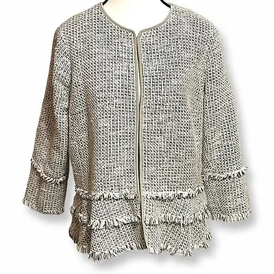 Tahari Jacket Blazer Size M Gray Silver Metallic Tweed 3/4 Sleeve Fringe • $24.70