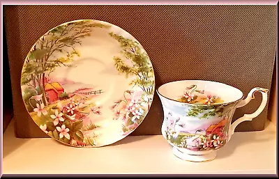 🌺vintage Royal Tea Cup & Saucer Cottage Scene & Gardens - Bone China England • $14.99