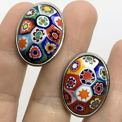 Vtg Murano Millefiori Glass Cabochon Multicolor Silver Oval Earrings Clip-on Big • $27.95