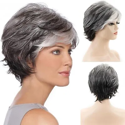 Short Grey Pixie Cut Wigs Layered HalloweenHair Mixed Gray Wig With White Bangs • $15.97