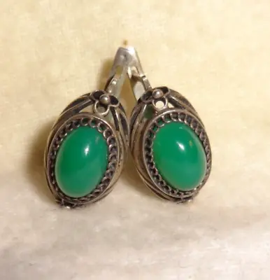 VINTAGE Russian Earrings Chrysoprase Sterling Silver 875 Soviet Era Jewelry • $149.99