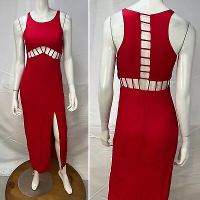 Vintage Linda Bernell Red Challis Cut Out Slit Long 5/6 Dress 80s Formal Gown • $149