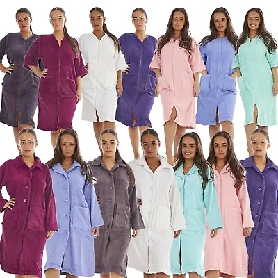 Womens Terry Towelling Zip / Button Through Dressing Gown Bath Robe Wrap 8 - 22 • £15.95