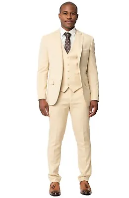 Tan Beige Slim Men Suit Micro Textured Weave 2 Button Notch  11812 Vest Optional • $179