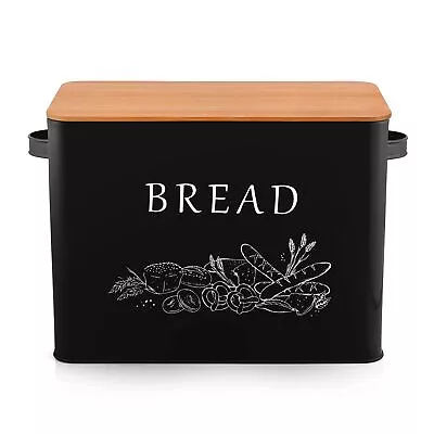 Black Bread Box With Bamboo Lid For Kitchen Countertop Large Farmhouse Metal Bre • $40.19