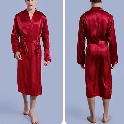 Mens Long Satin Robe Nightgown Bath Robe Faux Silk Red Black Blue M L XL 2XL • $23.99