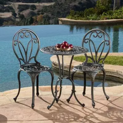 Sale Going Fast Outdoor Cast Aluminum Dark Gold Bistro Set Ornately Design Table • $259.95