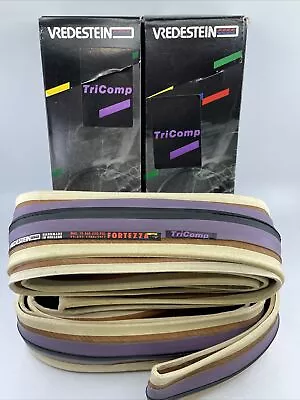 NOS Vintage PAIR Vredestein Fortezza TriComp 23mm Tanwall PURPLE Clincher Tires • $129.99